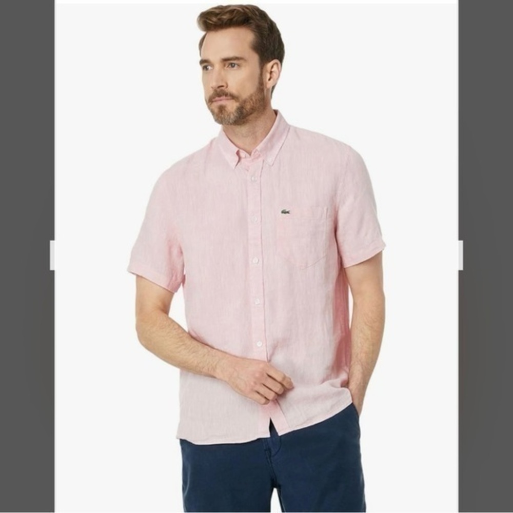 Lacoste MEN'S SHORT SLEEVE Button Down Cotton SHIRT in Light Pink Size S
